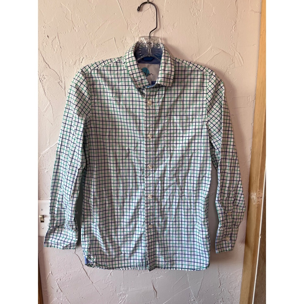 Boden Boys Green Blue Tattersall Check Button Down Shirt Size 11-12Y